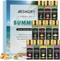 Aeshory Summer Essential Oils Set 12x5 ML - Bergamot, Peppermint, Lemon, Lime, Lemongrass, Grapefruit, Cypress, Geranium, Lavender, Sweet Orange, Palmarosa, Patchouli