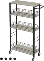 YBING Slim Storage Cart 4 Tier Slim Rolling Cart on Wheels Mobile Narrow Kitchen Cart with Wooden Tabletop Grey Slide Out Slim Utility Cart with Handle for Living Room Laundry Pantry Gap 7.3