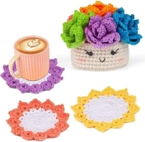 Crochet Kit for Beginners, 6 Pieces Colourful Coaster in a Plant Pot Crochet Starter Kit, Complete Crochet Kits with Step-by-Step Instructions and Video Tutorials for DIY Craft Starters