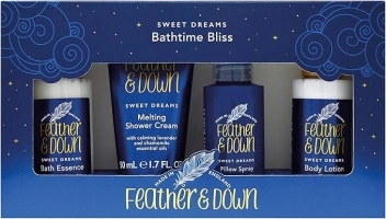 Feather & Down Bathtime Bliss Gift Set (Shower Cream, Pillow Spray, Bath Essence & Body Lotion) - With calming lavender & chamomile essential oils. Vegan Friendly & Cruelty Free.