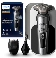 Philips Shaver Series 9000 Prestige, Wet and Dry Electric Shaver, Bright Chrome, Lift & Cut Shaving System, SkinIQ Technology, Qi Charging Pad, Beard Styler, Nose Trimmer, Model SP9871/22