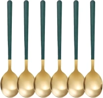 6 Pcs Serving Spoon Set Stainless Steel Golden Dinner Soup Spoons Round Cake Dessert Sundae Spoons Catering Spoons Long Handle Mirror Polished Dishwasher Safe Flatware (Green)