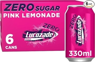 Lucozade Zero Fizzy Drink, Pink Lemonade Flavour, Sugar Free, Low Calorie, 6 Pack, 330ml Cans