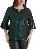 Hanna Nikole Tops Ladies Sequin Glitter Hollow V-Neck Designs Sequin Blouse 3/4 Sleeve T Shirt