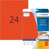 HERMA Self Adhesive Coloured Labels, 24 Labels per A4 Sheet, 20 Sheets, 70 x 37 mm, 480 Labels, Blank Removable Colour Labels Stickers, Sticky Labels for Laser & Inkjet Printer, Red