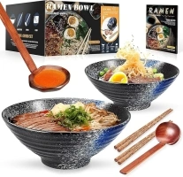 YTLEMON Ceramic Ramen Bowl Set of 2 - Porcelain Japanese Salad Noodles Cereal Fruit Pasta Soup Large Bowls 2×1000 ml 34 Ounces with Recipes Chopsticks and Spoons for Party Camping Men and Women Gifts