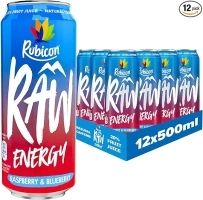 Rubicon RAW 12 Pack Raspberry & Blueberry 500ml Energy Drink, 20% Real Fruit Juice, High caffeine with B-Vitamins, Ginseng & Guarana, No Artificial Colours or Flavours, Reduce Tiredness & Boost Energy