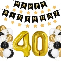 Deeplee 40th Happy Birthday Balloons Arch Kit, Birthday Banner, 12" Black White Gold Golden Confetti Balloons, Number 40 Balloon and Stringed Star Ornament for 18th Birthday Party Decoration