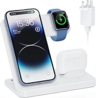 Wireless Charger Stand, CHELUXS 3 in 1 Foldable Charging Station, 15W Wireless Charger Compatible with iPhone 15 14 13 12 11 Pro Max XS XR X, Apple Watch 9 8 7 6 5 4 3 2 SE, AirPods 3 2 Pro, White