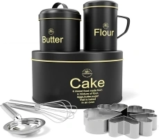 Kitchen Academy Cake Butter Flour Canisters, Kitchen Storage Set with Lid, Decorative Kitchen Food Storage Tin Set of 6 Piece with Stainless steel whisk, strainer and 5 heart-shaped cake molds, Black