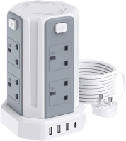 Tower Extension Lead with USB Slots, (13A 3250W) Surge Protection Extension lead with 4 Control Switch, 8 AC Outlets & 4 USB Ports Plug Extension Socket, Extension Cable 3M for Office, Home, Kitchen