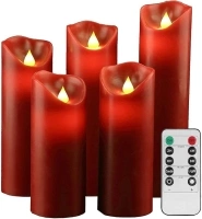 VETOUR Flameless LED RED Candles: 5PCS Battery Operated Candle H5 6" 7”8”9” D2.2 Real Wax Pillar Electric Fake Candles with Remote and Timer for Home Party Christmas Decor Gift (Modern Style/Red)