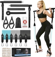 Zacro Pilates Bar Kit with Resistance Bands, 3-Section Pilates Bar with Adjustable Strap, Door Anchor, Handles and Foot Strap, Portable Home Gym Pilates Resistance Bar Kit for Full Body Workouts