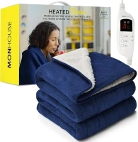 MONHOUSE Heated Throw - Electric Blanket - Digital Controller - Timer up to 9 hours, 9 Heat Settings, Auto Shutoff - Machine Washable - King 180X200cm - NAVY SHEARLING