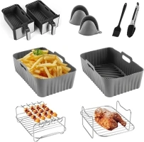 CINEMON Air Fryer Accessories, 8PCS Ninja Air Fryer Accessories for AF400UK & AF300UK & Tower T17088, Reusable Silicone Air Fryer Liners + Metal Racks + Food Clip Brush Gloves