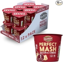 Idahoan Mashed Potato Pots, Bacon and Cheese, Dried Potato Mash, Cooks in 1 minute, Quick Lunch, Bulk Pack of 12