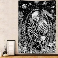 Alishomtll Skull Tapestry, Human Skull Moon Phase Tapestry, Black and White Wall Hanging, Mushroom Tree Aesthetic Style Gothic Wall Hanging, Bedroom Home Decor Tapestry, 150x130cm