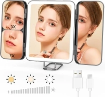 Micacorn LED Light Makeup Mirror 1X 3X 7X Magnifying Mirror USB Charging Vanity Mirror Touch Screen 3 Colors Brightness Adjustable Portable Trifold Mirror with Stand for On the Go and Handbag