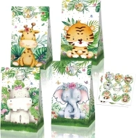 12 Pieces Animal Party Paper Bags Bear Gift Packs with Stickers Jungle Party Theme Flat Bottom Bag Elephants Favour Bags Tiger Kraft Treat Bags for Birthday Cookie Candy Snacks