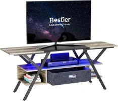 Bestier TV Stand Cabinet Entertainment Centre Gaming TV Stand for 140 CM TV with LED Light Industrial TV Stand with Fabric Drawer