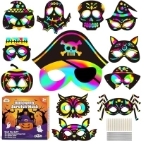 ZMLM Halloween Scratch Mask for Kid: 24 Pcs Rainbow Scratch Paper Mask Craft Kit Halloween Themed DIY Art Craft Mask for Girl Boy Age 3 4 5 6 7 8 9 Year Old Bat Pumpkin Dress Up Gift Party Favor Set