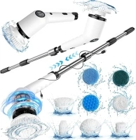 NAUDILIFE Motorised Rotary Scrubber,New Full Body IPX8 Waterproof Bathroom Cleaning Brush with Long Handle and 2 Speeds, 8 Replaceable Brush Heads, Ideal for Bathtubs, Showers, Tiled Floors Kitchens