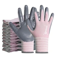 ANDANDA 12 Pairs Work Gloves, Smart Touch, 23D Comfort Stretch Fit, Nitrile Coated Work Gloves with Grip, Seamless Knit Nylon Work Gloves Men Suitable for General Work,Pink,L