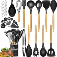 NAUDILIFE Kitchen Silicone Cooking Utensils Set-34 pcs Non Stick Silicone Kitchen Utensils Set Spatula Set with Holder, Wooden Handle Silicone Kitchen Gadgets Utensil Set