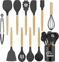 NAUDILIFE Silicone Cooking Utensils Set, 15 Pieces Premium Kitchen Utensils Spatula Set with Holder, Non-Stick Heat Resistant Kitchen Utensil with Natural Wooden Handle, BPA Free