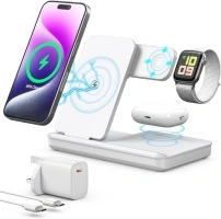 Foldable Wireless Charger,3 in 1 Wireless Charging Station for Apple Devices,15W Fast Wireless Charging Stand for iPhone 16/15/14/13/12/11,Phone and Watch Charger Stand for Apple Watch,for Airpods