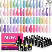 MEFA 35Pcs Pastel Gel Nail Polish Set, 32 Colors Macaron Gel Nail Polish Kit with Base Coat No Wipe Glossy& Matte Top Coat Pink Yellow Purple Nail Art Manicure DIY Salon Home Gifts for Women Girl