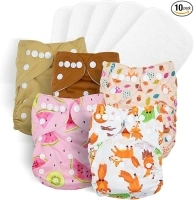 Miracle Baby Cloth Nappies for Babies 10 Pack Reusable Nappies Diapers Newborn 5 Cloth Diapers & 5 Washable Nappies Inserts Adjustable Super Absorbent Pocket Nappy for Infants (Fox Bear)