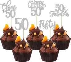 Xsstarmi 30 Pack 50th Birthday Cupcake Toppers Glitter Cheers to 50 Years Old Fifty 50 Fabulous Cupcake Food Toothpicks for Happy 50th Birthday Wedding Anniversary Party Cake Decorations Silver