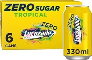 Lucozade Zero Fizzy Drink, Tropical Flavour, Sugar Free, Low Calorie, 6 Pack, 330ml Cans