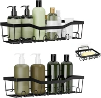 XXFLOWER Shower Caddy, Bathroom Storage No Drilling, Shower Storage with Soap Holder, Toothpaste Holders, Hooks, Bathroom Kitchen Accessories, Bathroom Shelf, 3 Pack, Black