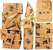 Recyclable Wrapping Paper Set by Pandabode | 100% Recycled Brown Kraft Gift Wrap for Presents | 6 sheets + Tags + Raffia String | Eco Happy Birthday, Christmas or other Celebrations (6)