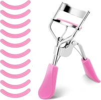 Lash Curler, No Pinching or Pulling, Long Lasting Eyelash Curler Fit All Eye Shapes, Professional Makeup Tool for Eyelashes with 10 Pieces Silicone Refill Pads (Pink)