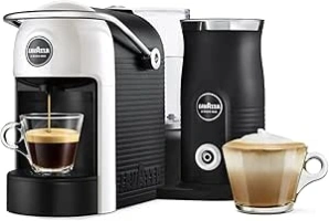 Lavazza, A Modo Mio Jolie & Milk Coffee Machine, Coffee Capsule Machine with Integrated Milk Frother and Removable Grid, Compatible with A Modo Mio Coffee Pods, 1250 W, 220–240 V, 50–60 Hz, White