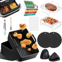 BoriYa Air Fryer Accessories - Silicone Air Fryer Liners with Cooking Guide, Air Fryer Kebab Skewers and Rack Kit with Heat Resistant Mat, Dual Air Fryer Set for Ninja AF300UK,AF400UK,AF451UK and Oven