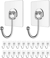 CNMTCCO Self Adhesive Hooks,20 PCS Large Heavy Duty Door Wall Adhesive Hooks 33 lbs Waterproof Transparent Hooks for Kitchen, Office, Bathroom, Closet, Hanging Towel Coat Cloth Key Decorations