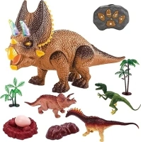 Remote Control Dinosaur Toys - Walking Dinosaur Toys, Realistic Triceratops Dinosaur Toy with LED Light Up, Roaring Sound, Shaking Head, Dinosaur Gifts for Boys age 3 (Brown)