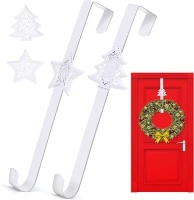 BoriYa Christmas Wreath Hanger for Front Door, 2 Pack Over Door Wreath Hooks 15", White Metal Xmas Wreath Door Hangers for Christmas