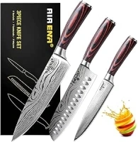 AIRENA Chef Knives Set of 3 | 8" Chef Knife | 7" Japanese SANTOKU | 5" Paring Knife & Finger Guard | High Carbon Stainless Steel | Long-Lasting Sharp Blade | Professional Kitchen Knives Set