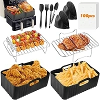 nuyikaso Air Fryer Accessories Set of 10 Pcs for Ninja Dual AF300UK AF400UK Tower T17088 7.6L-9.5L Including Silicone Reusable Liner Racks Paper Lining Gloves Food Clip Brush Spatula Black