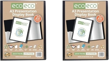 eco-eco A3 Size 50% Recycled 20 Pocket Black Presentation Display Book, Storage Case Portfolio Art Folder with Plastic Sleeves (Pack of 2)