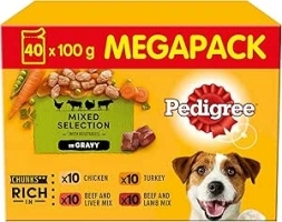 Pedigree Mixed Selection in Gravy 40 Pouches, Adult Wet Dog Food, Megapack (40 x 100 g)