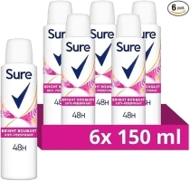 Sure Bright Bouquet Anti-perspirant Aerosol 48h protection against sweat and odour MotionSense technology deodorant 6x 150 ml