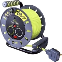 Masterplug OMU25132USL-PX Pro-XT Four Socket Open Cable Reel Extension Lead with Winding Handle and Two USB Charging Ports, Thermal Cut Out and Power Switch, 25 Metres High Visibility Cable, Green