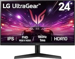 LG UltraGear Gaming Monitor 24GS60F, 24 Inch, 1080p, 180Hz, 1ms Response Time, HDR 10, NVIDIA G-Sync & AMD FreeSync compatible, Smart Energy Saving, Displayport, HDMI