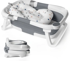 Baby Bath Foldable Tub Collapsible Bathtub Baby Bath Essentials for Newborn with Seat Support Cushion Stand Folding Baths for Toddler 0-12 Months Travel Portable Infant Tubs Soft Bathing Kids Grey